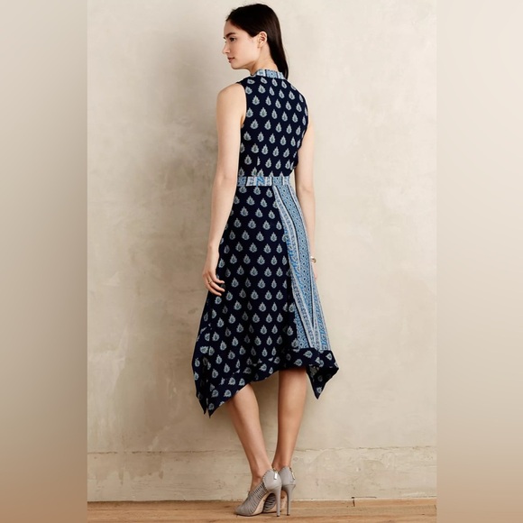 Anthropologie Maeve Eclipsed Faux Wrap Blue Paisley Motif Dress Sz 2 Asymmetric - Picture 3 of 9